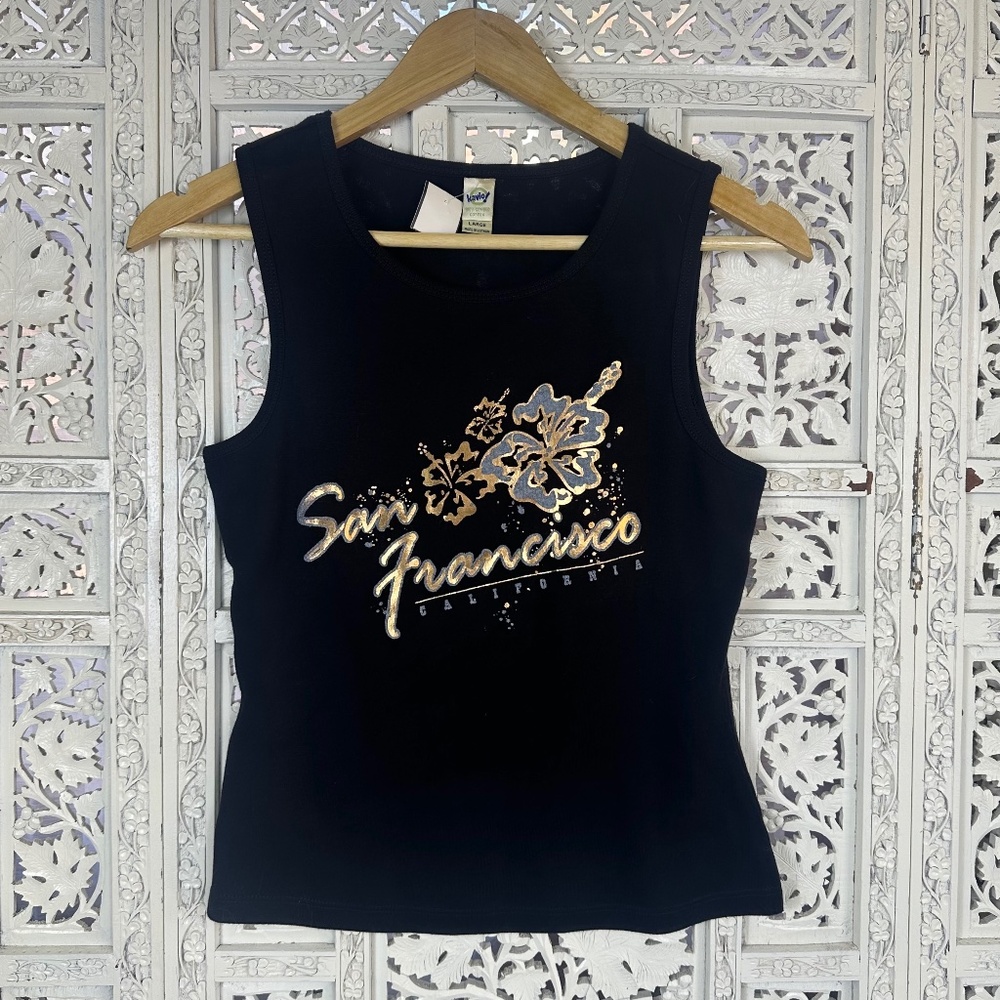 Vintage‎ Black & Gold Ribbed San Francisco California Graphic Tank Top Sz M/L